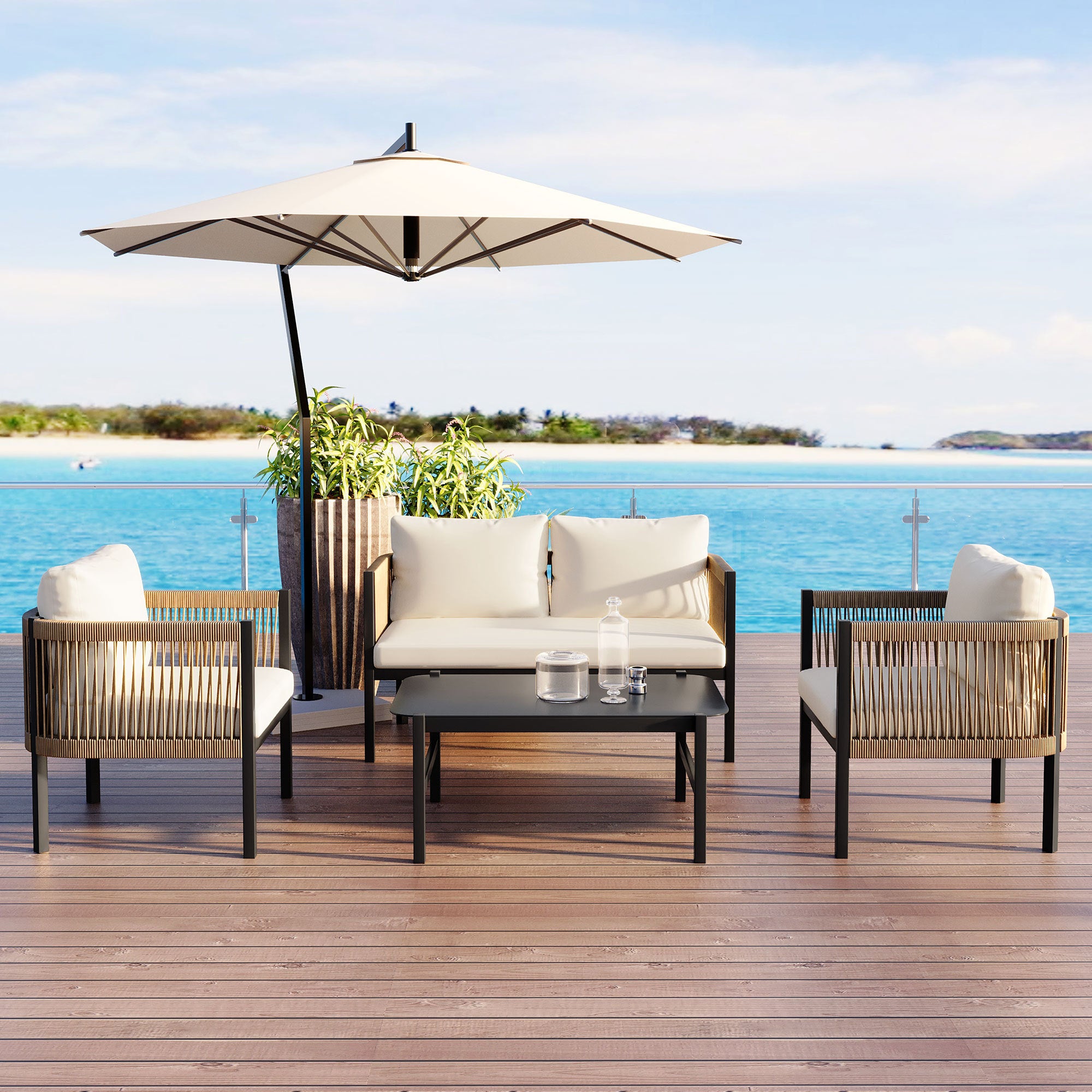 Walker Edison | Modern Rope Design Outdoor Loveseat Sofa Set with A Table - Image 2