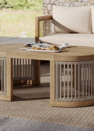 Walker Edison | Outdoor Acacia Wood Oval Coffee Table with Rope