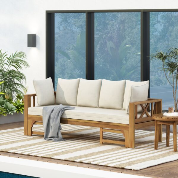 Walker Edison | Acacia Wood Outdoor Extendable Sofa into Daybed - Image 2