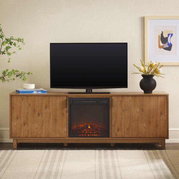 Reema Scandinavian 70 Modern Reeded TV Stand with Freestanding Electric Fireplace - Image 6