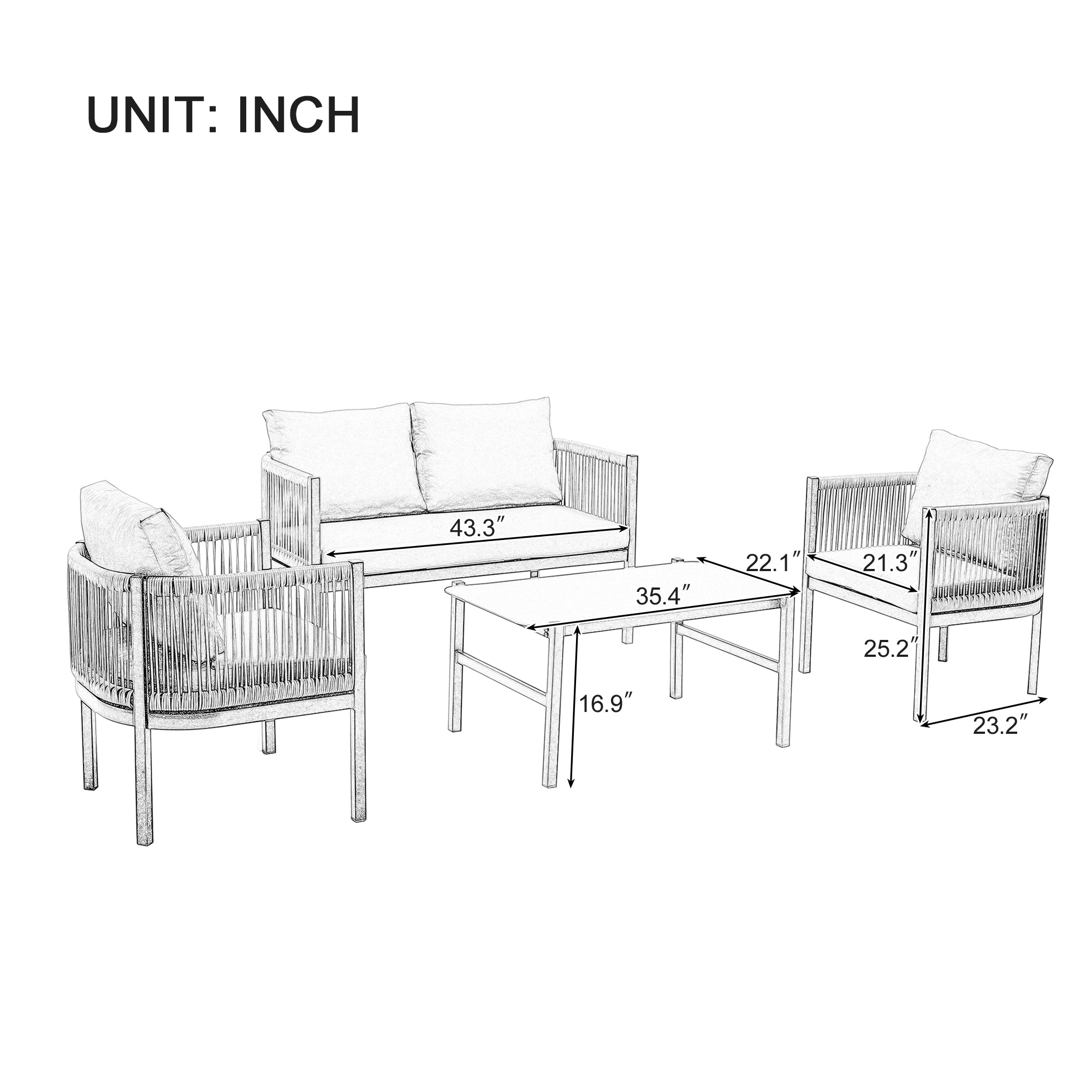 Walker Edison | Modern Rope Design Outdoor Loveseat Sofa Set with A Table - Image 3
