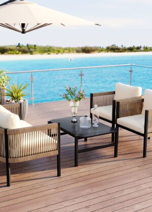 Walker Edison | Modern Rope Design Outdoor Loveseat Sofa Set with A Table