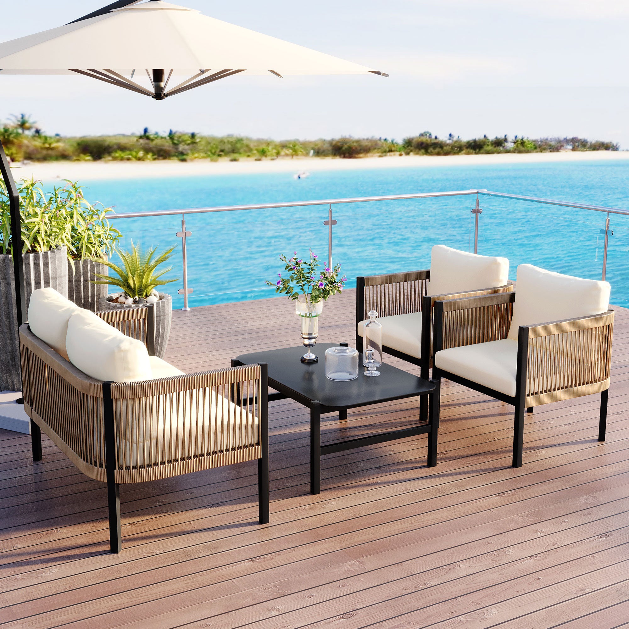 Walker Edison | Modern Rope Design Outdoor Loveseat Sofa Set with A Table