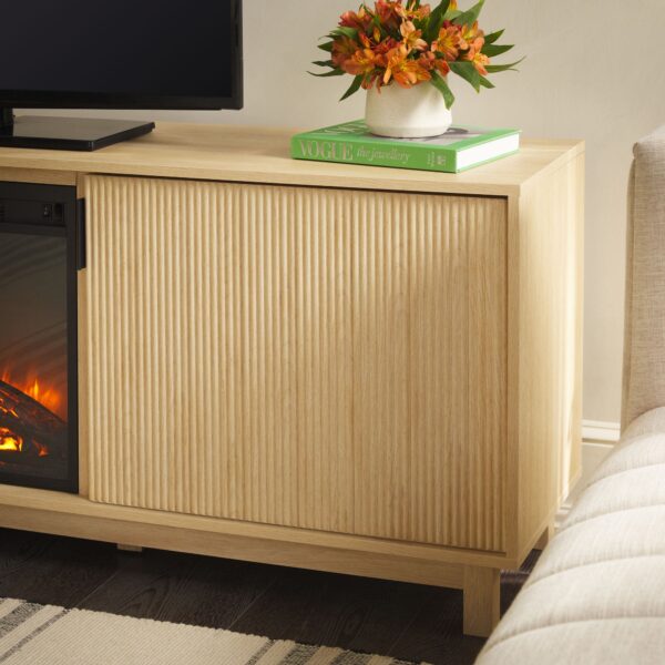 Reema Scandinavian 70 Modern Reeded TV Stand with Freestanding Electric Fireplace - Image 14