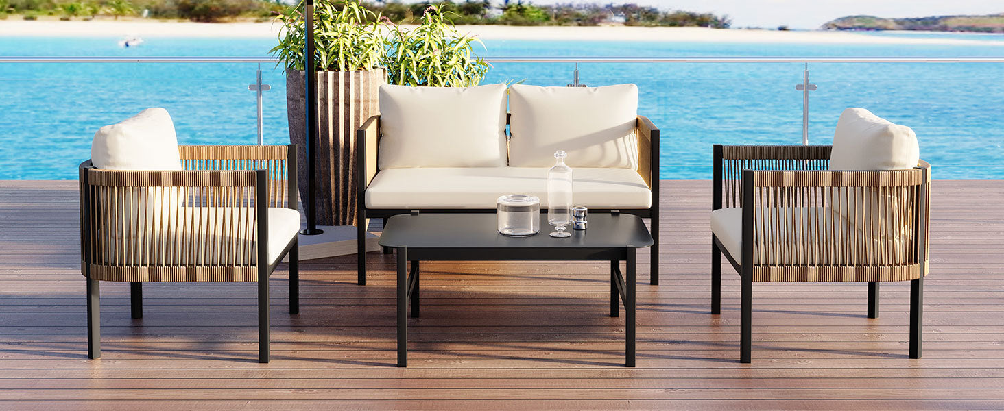 Walker Edison | Modern Rope Design Outdoor Loveseat Sofa Set with A Table - Image 4