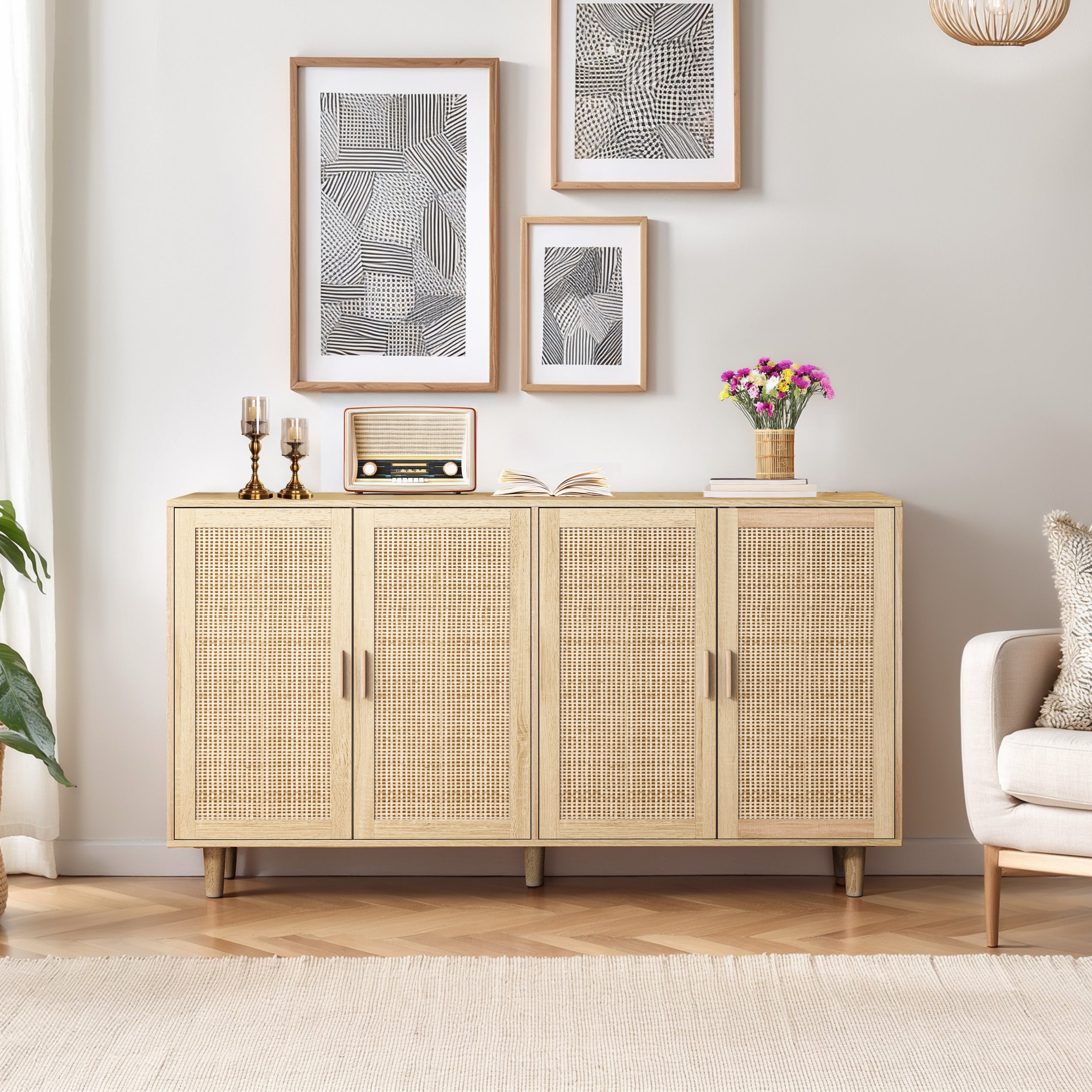 Walker Edison | Modern 4-Door Rattan Storage Sideboard TV Stand