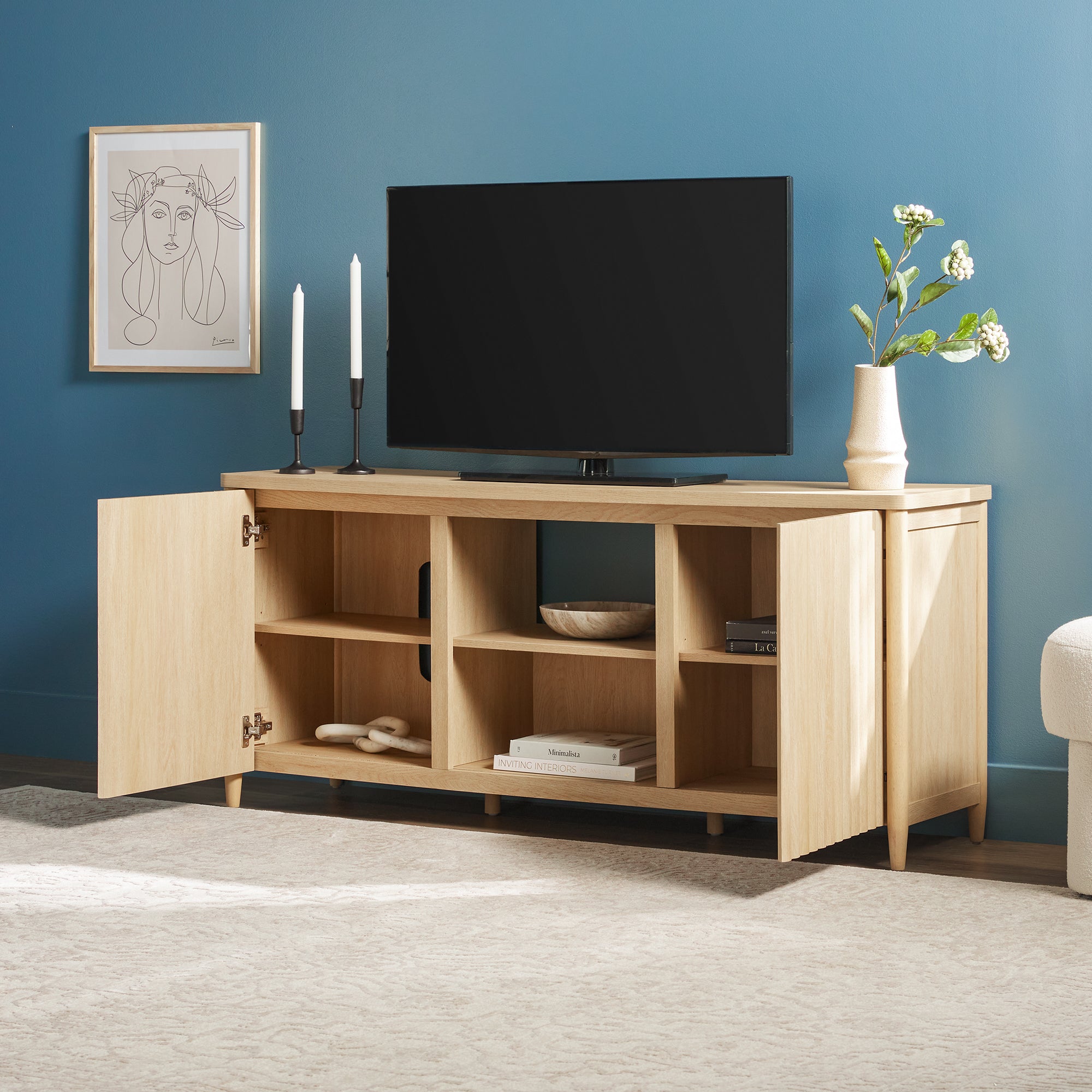Flynn Scandinavian Reeded TV Stand with Storage - Image 17