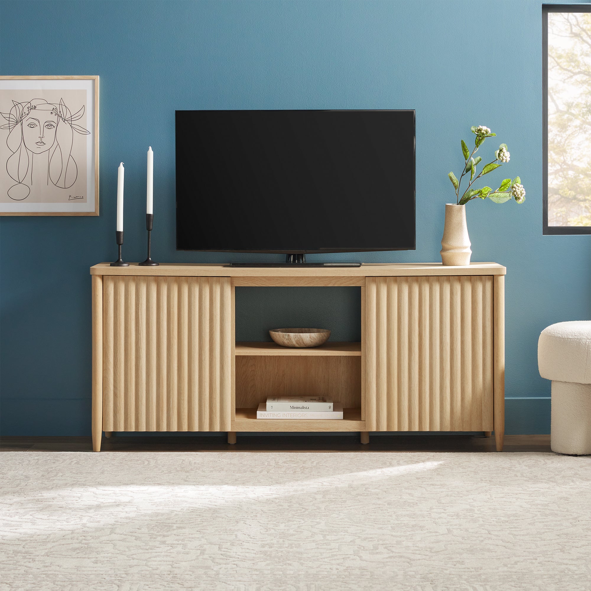 Flynn Scandinavian Reeded TV Stand with Storage - Image 16