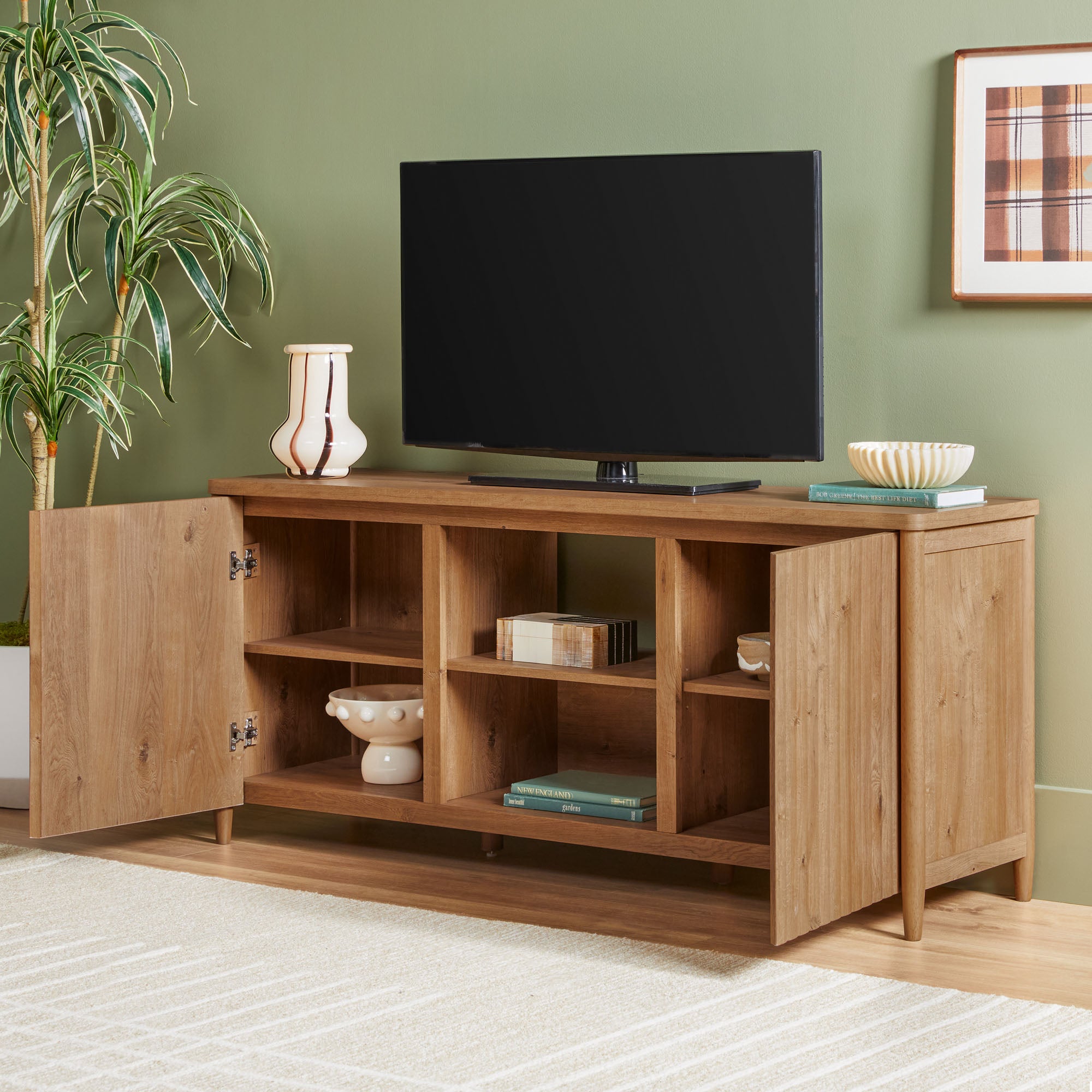 Flynn Scandinavian Reeded TV Stand with Storage - Image 7