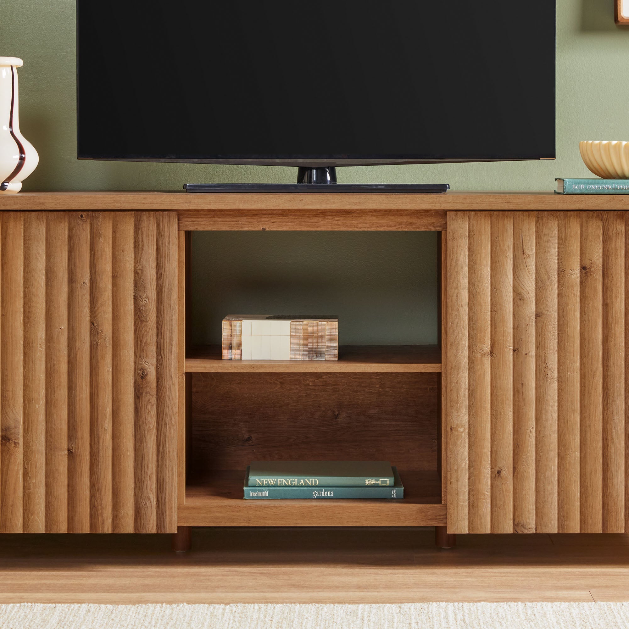 Flynn Scandinavian Reeded TV Stand with Storage - Image 11