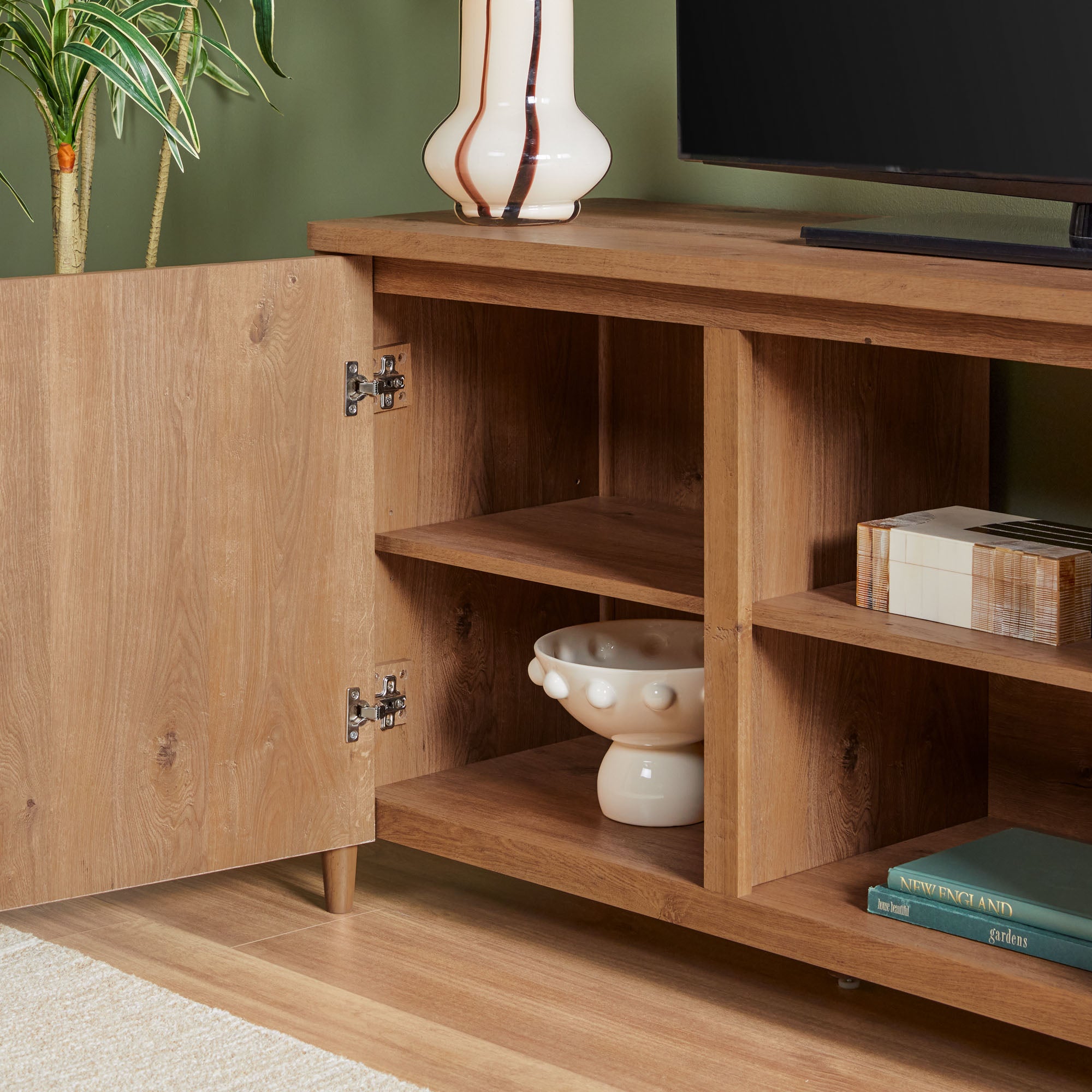 Flynn Scandinavian Reeded TV Stand with Storage - Image 14