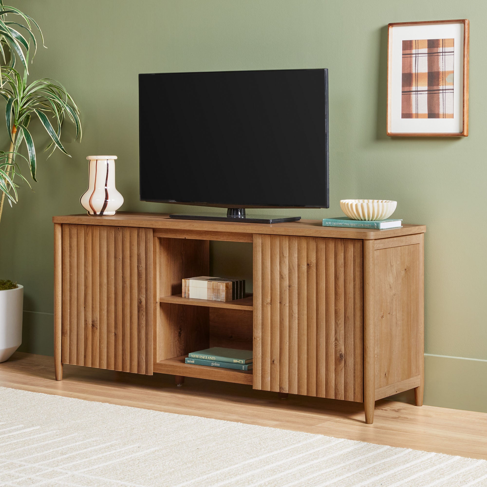 Flynn Scandinavian Reeded TV Stand with Storage - Image 3