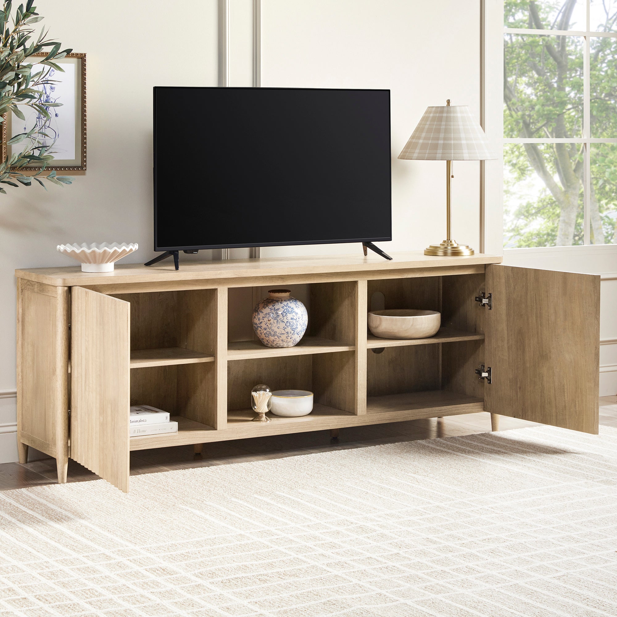 Flynn Scandinavian Reeded TV Stand with Storage - Image 32