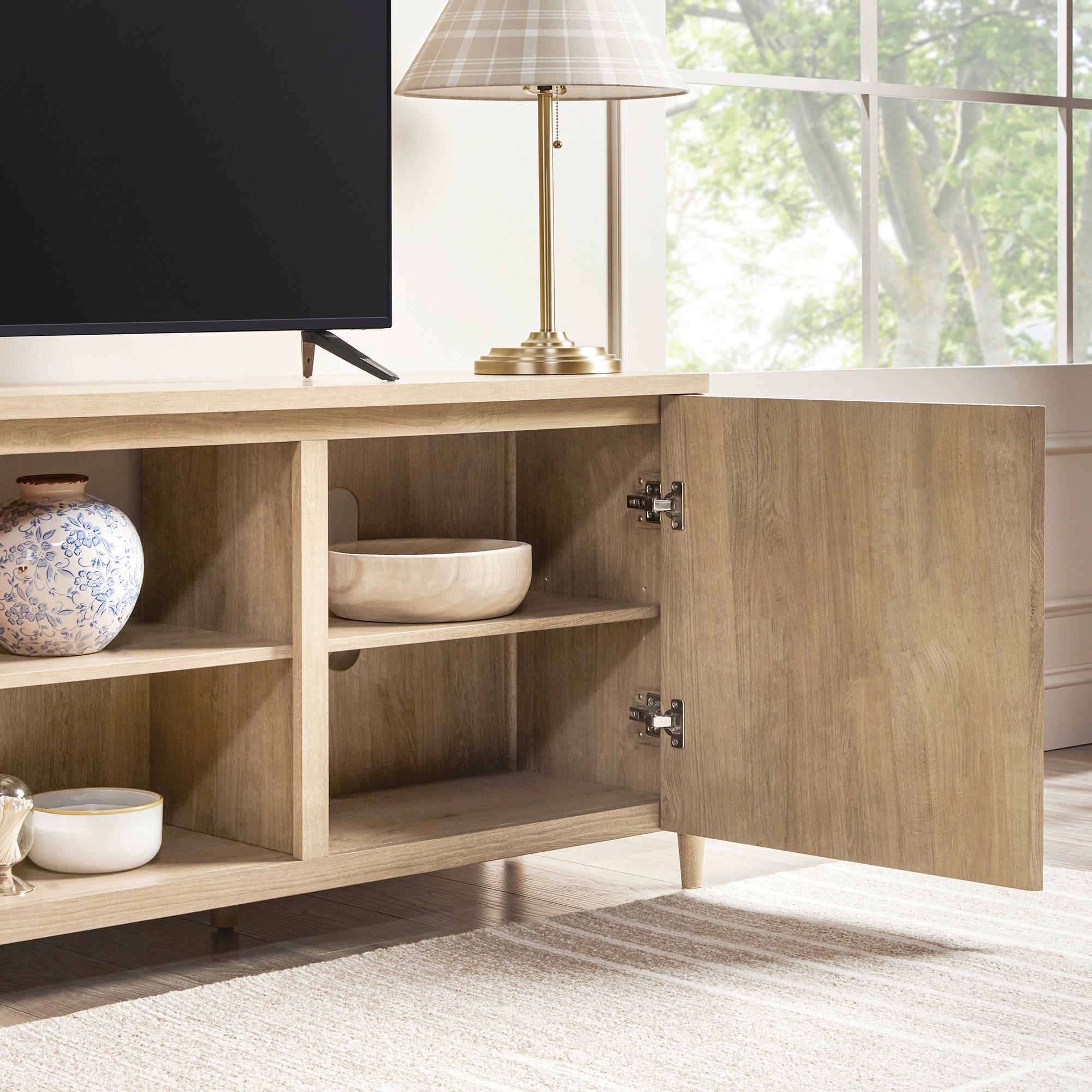 Flynn Scandinavian Reeded TV Stand with Storage - Image 35