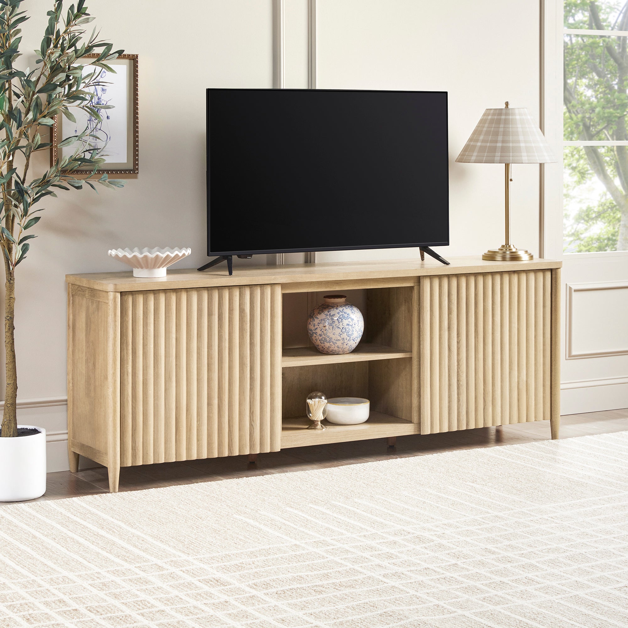 Flynn Scandinavian Reeded TV Stand with Storage - Image 34