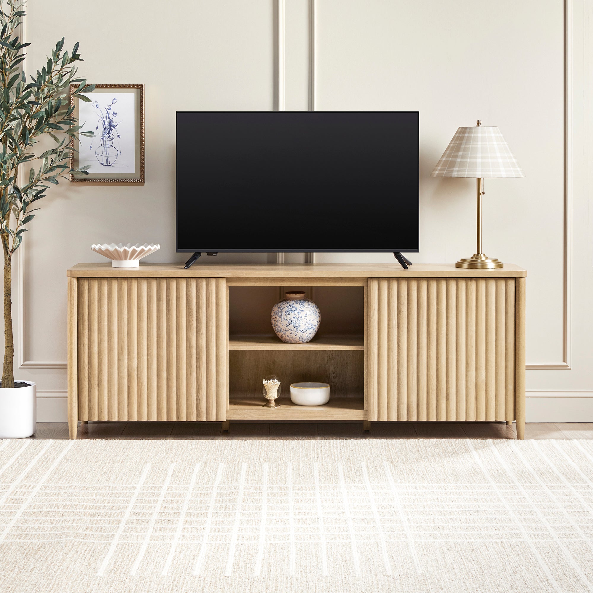 Flynn Scandinavian Reeded TV Stand with Storage - Image 2