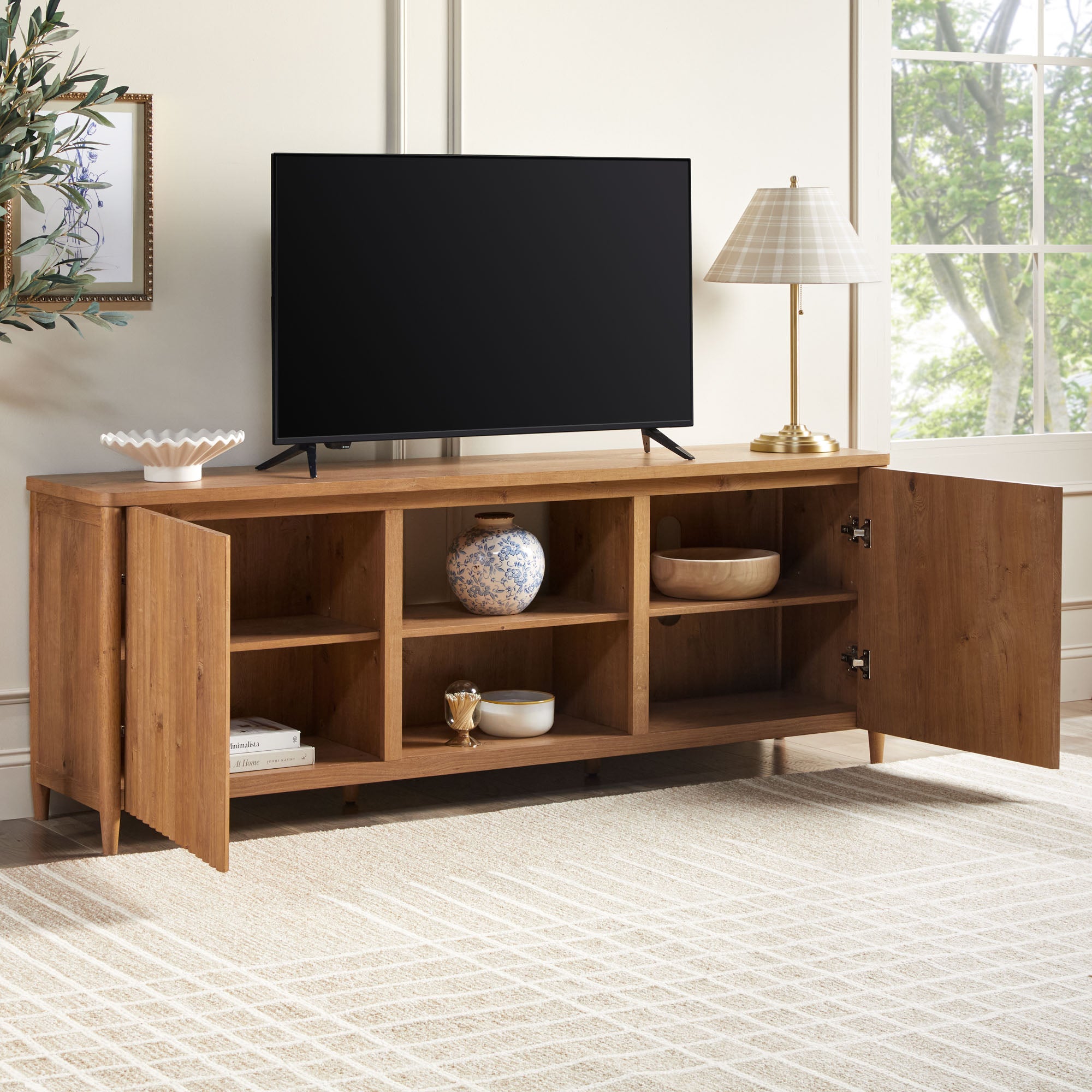 Flynn Scandinavian Reeded TV Stand with Storage - Image 25