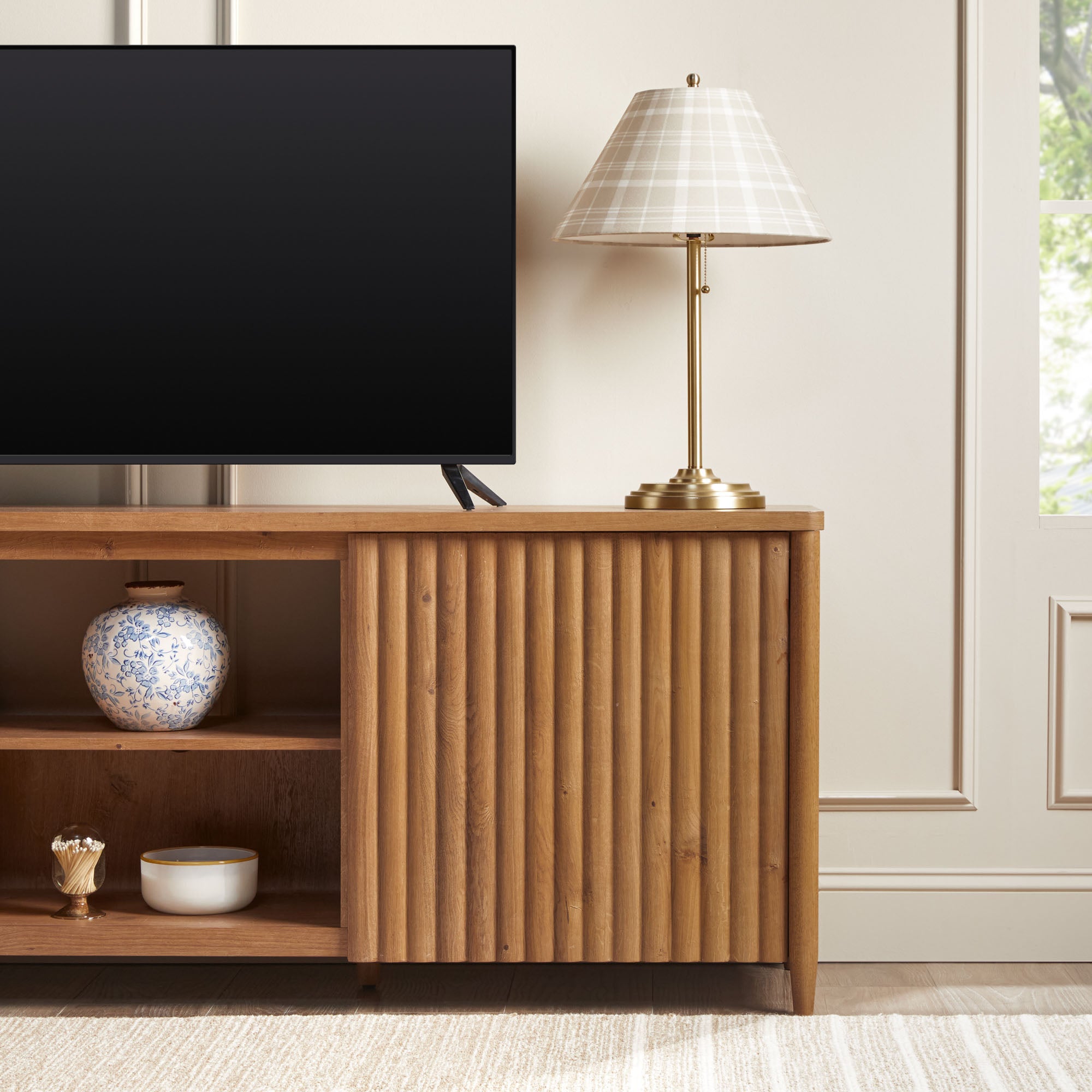 Flynn Scandinavian Reeded TV Stand with Storage - Image 27