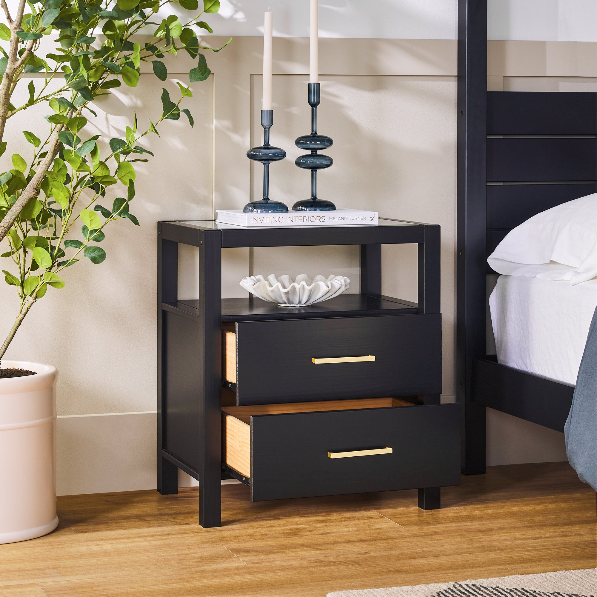 Isla Modern Easy Assembly Solid Wood 2-Drawer Nightstand Side Table with Glass Top - Image 6