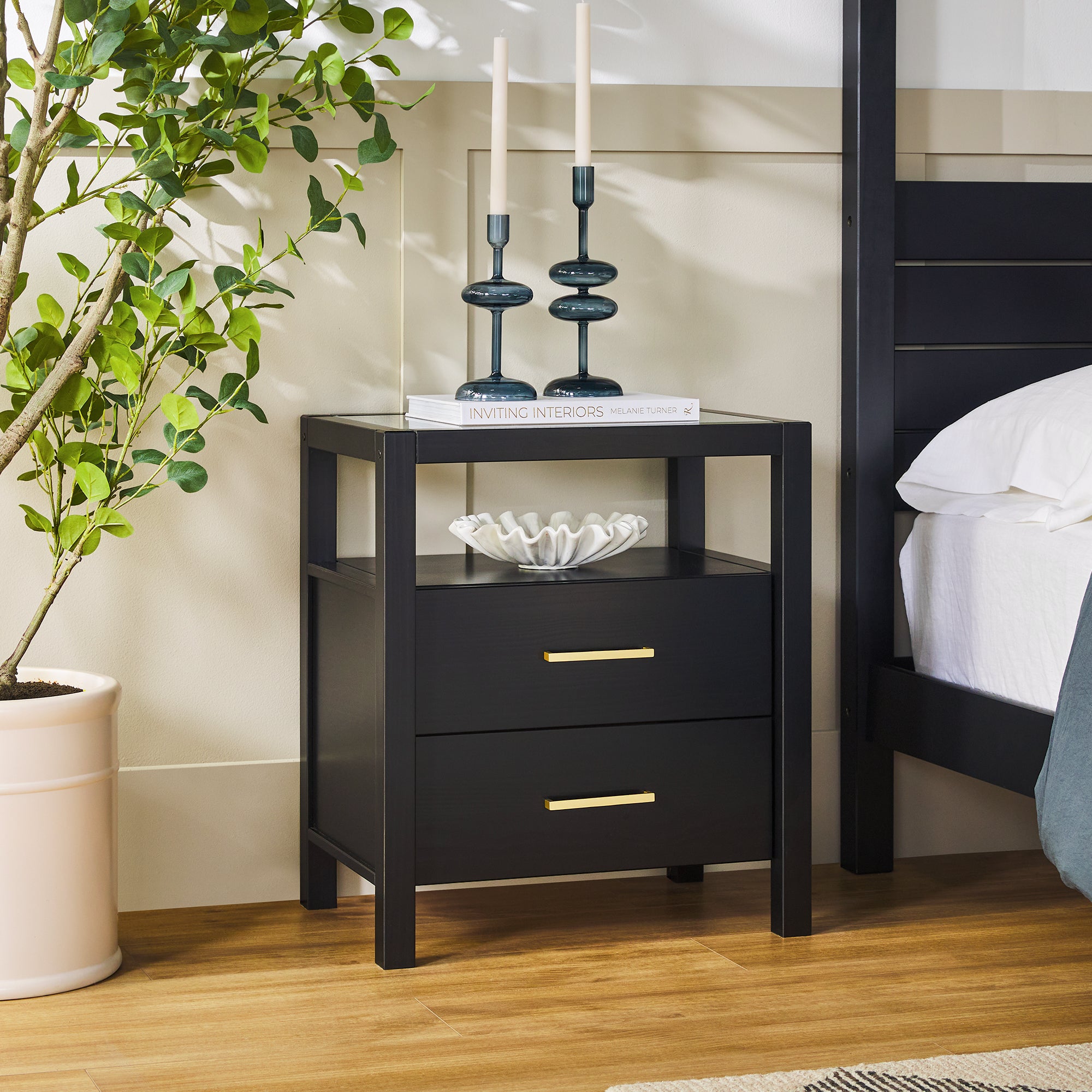 Isla Modern Easy Assembly Solid Wood 2-Drawer Nightstand Side Table with Glass Top - Image 2