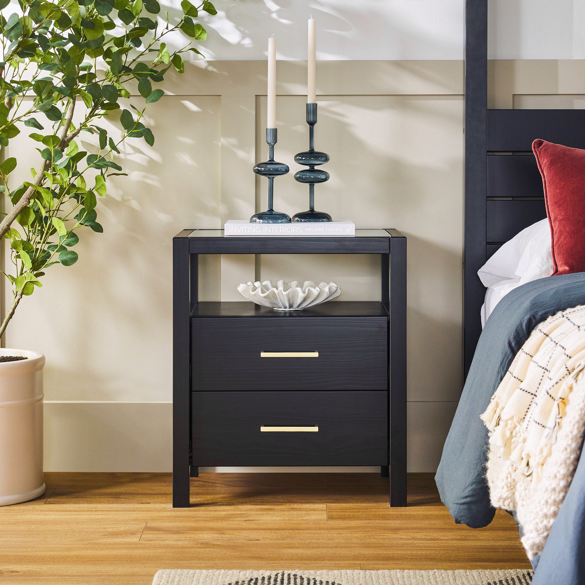 Isla Modern Easy Assembly Solid Wood 2-Drawer Nightstand Side Table with Glass Top - Image 4