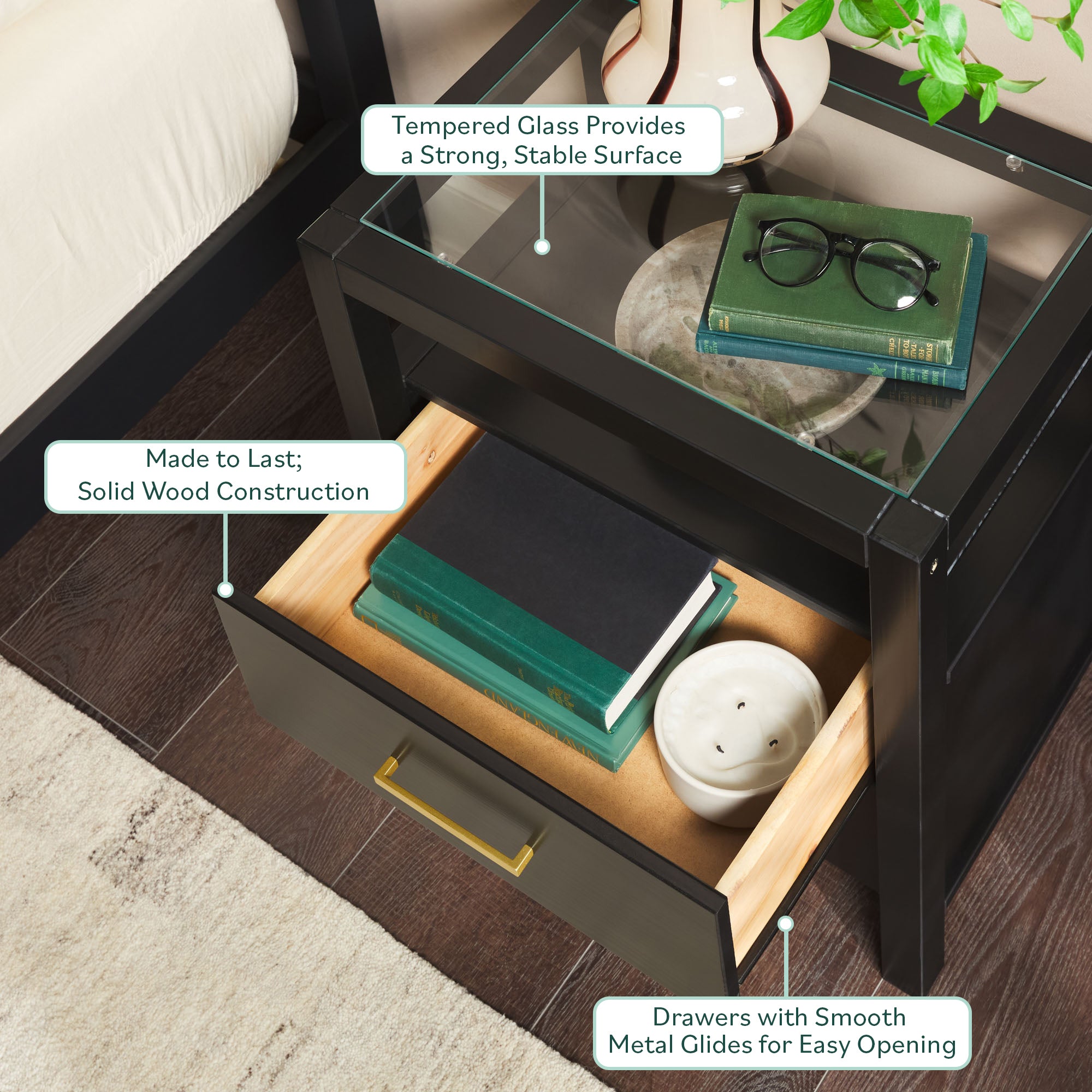 Isla Modern Easy Assembly Solid Wood 2-Drawer Nightstand Side Table with Glass Top - Image 3