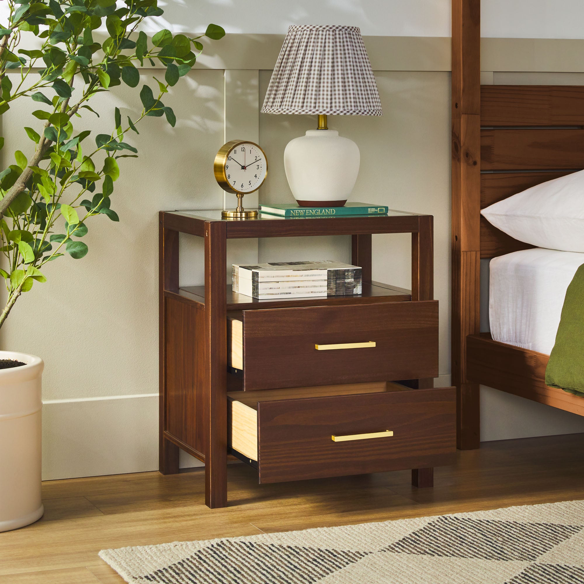 Isla Modern Easy Assembly Solid Wood 2-Drawer Nightstand Side Table with Glass Top - Image 14
