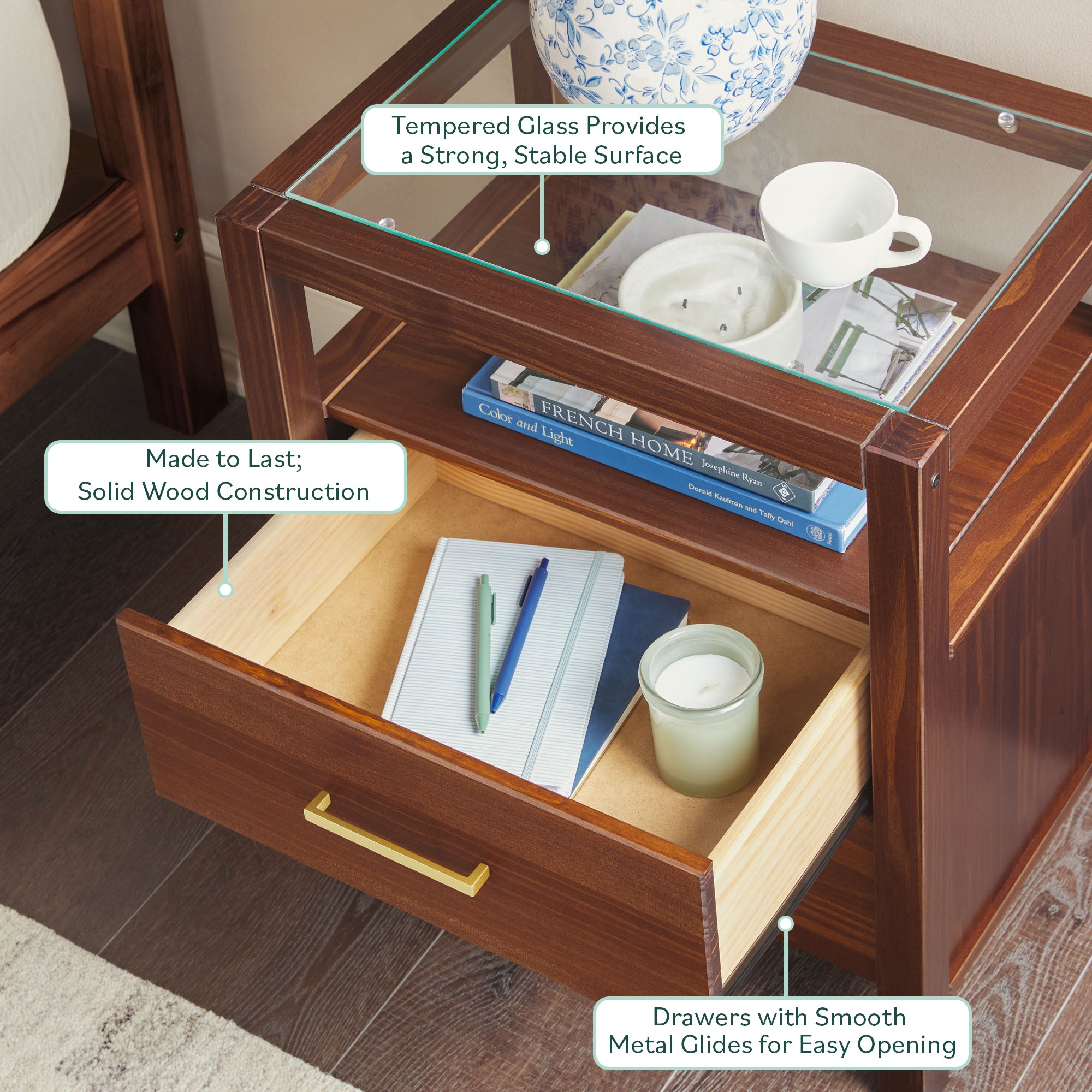 Isla Modern Easy Assembly Solid Wood 2-Drawer Nightstand Side Table with Glass Top - Image 11