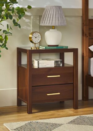 Isla Modern Easy Assembly Solid Wood 2-Drawer Nightstand Side Table with Glass Top
