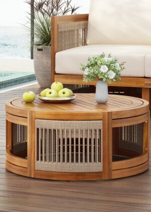 Walker Edison | Handwoven Rope Accent Boho Acacia Wood Outdoor Coffee Table