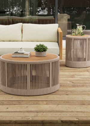 Walker Edison | Modern Woven Rope Design Coffee Table and Side Table Set of 2