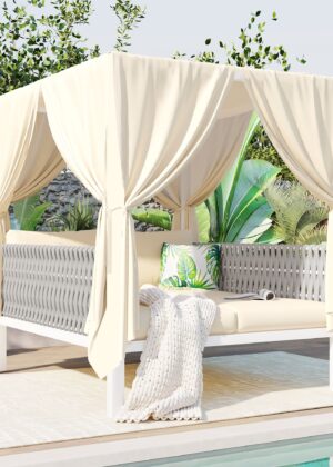 Walker Edison | Posh Outdoor Patio Sunbed with Curtains