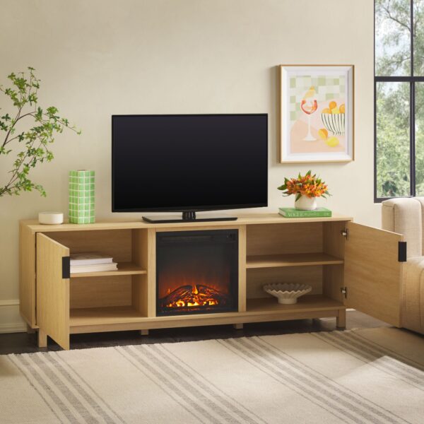 Reema Scandinavian 70 Modern Reeded TV Stand with Freestanding Electric Fireplace - Image 13