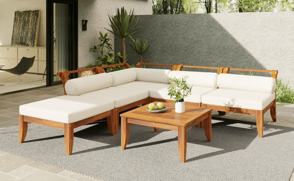 Walker Edison | Acacia Wood Outdoor Modular 6 Piece Sectional Sofa Set - Image 24