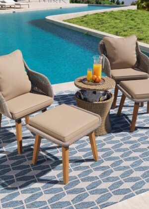 Walker Edison | 5 Piece Outdoor Patio Chat Set with Ottomans and Side Table