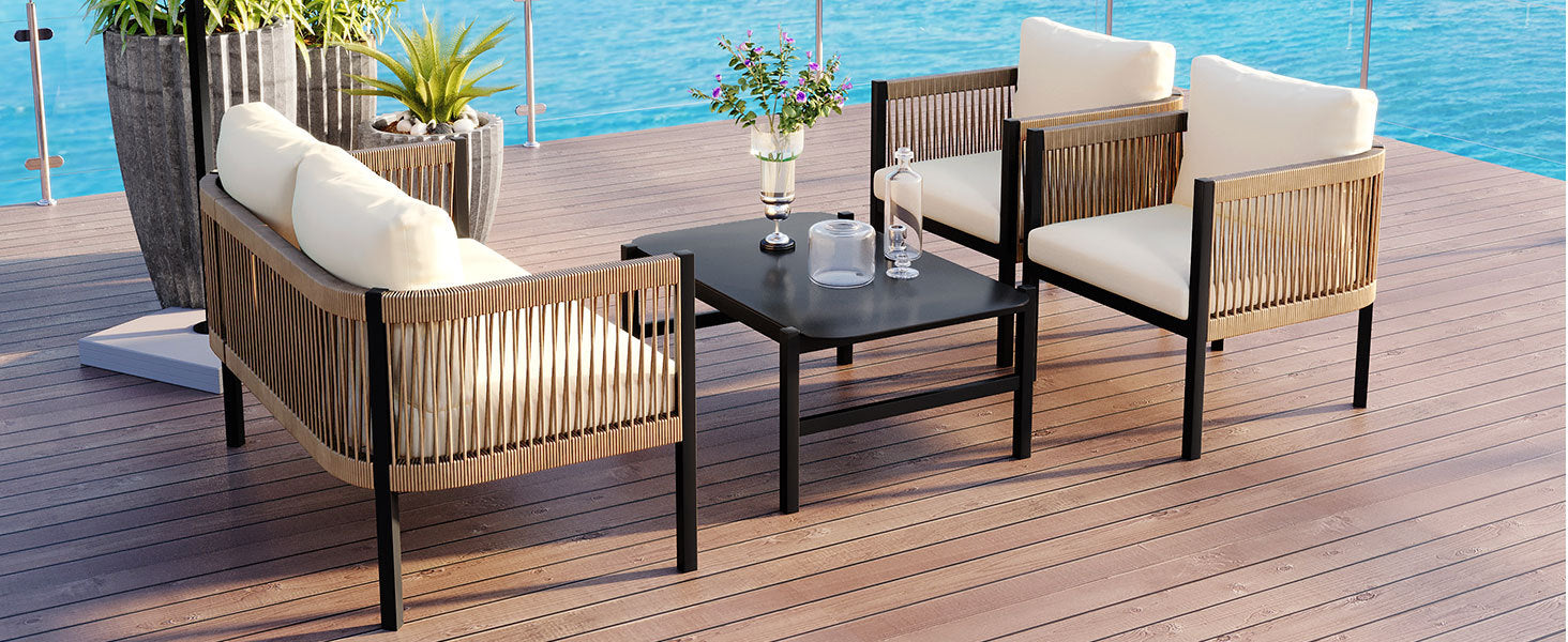 Walker Edison | Modern Rope Design Outdoor Loveseat Sofa Set with A Table - Image 5