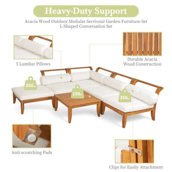 Walker Edison | Acacia Wood Outdoor Modular 6 Piece Sectional Sofa Set - Image 6